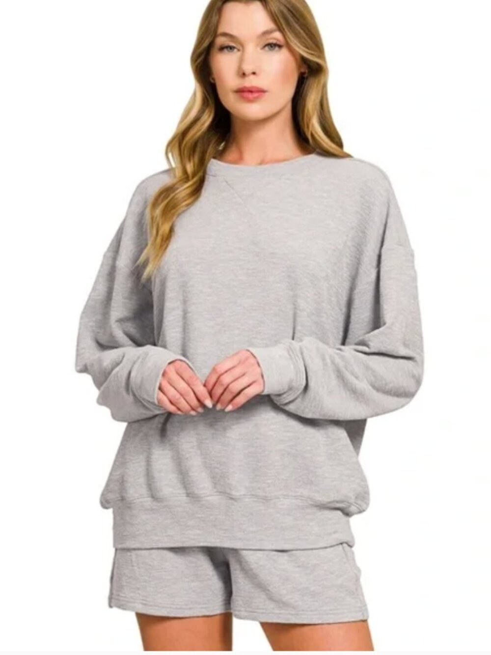 Zenana Slub Knit Pullover Lounge Shorts Set Heather Gray Matching Set Size M